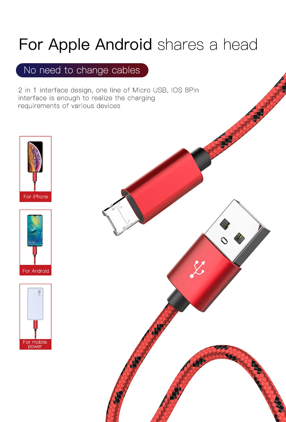 NOHON Dual Charging Cable For Apple Micro USB Phone For iphone XS MAX XR X For Samsung S7 Huawei Xiaomi 4 Fast Charge Data Cable (4)