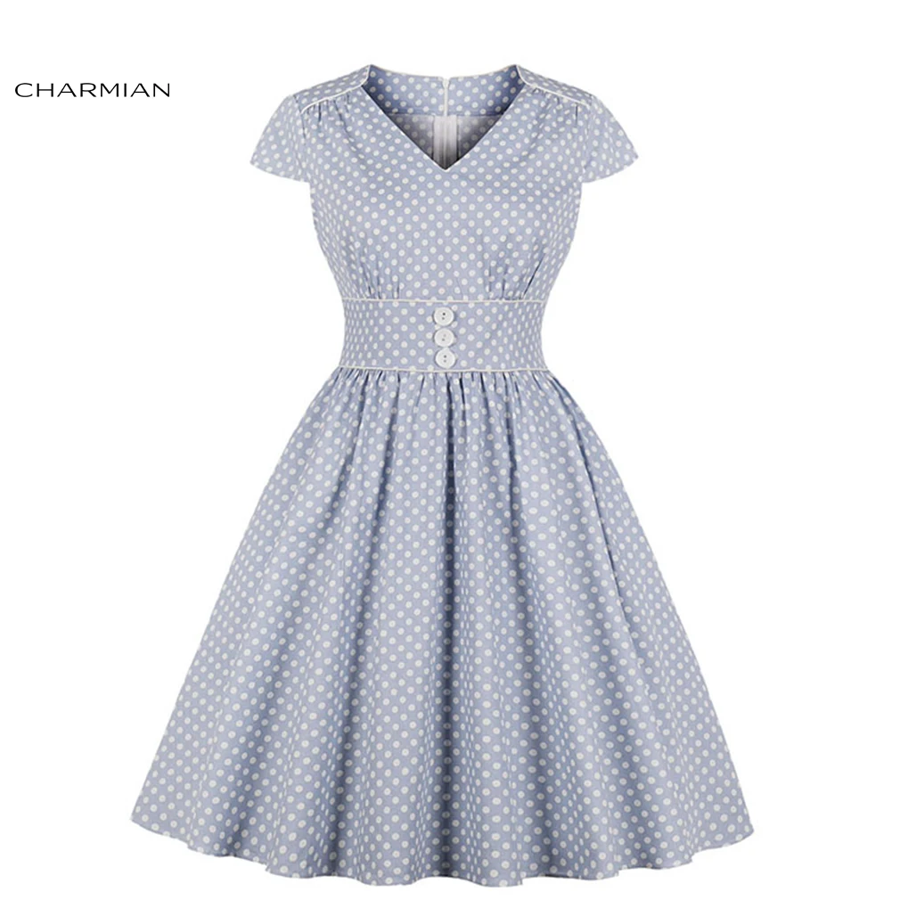 

Charmian Women's Retro Rockabilly Polka Dots V Neckline Frock High Waist Swing Dress
