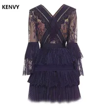 KENVY Брендовое роскошное женское Модное Новое Плиссированное милое кружевное платье с v-образным вырезом и рукавом