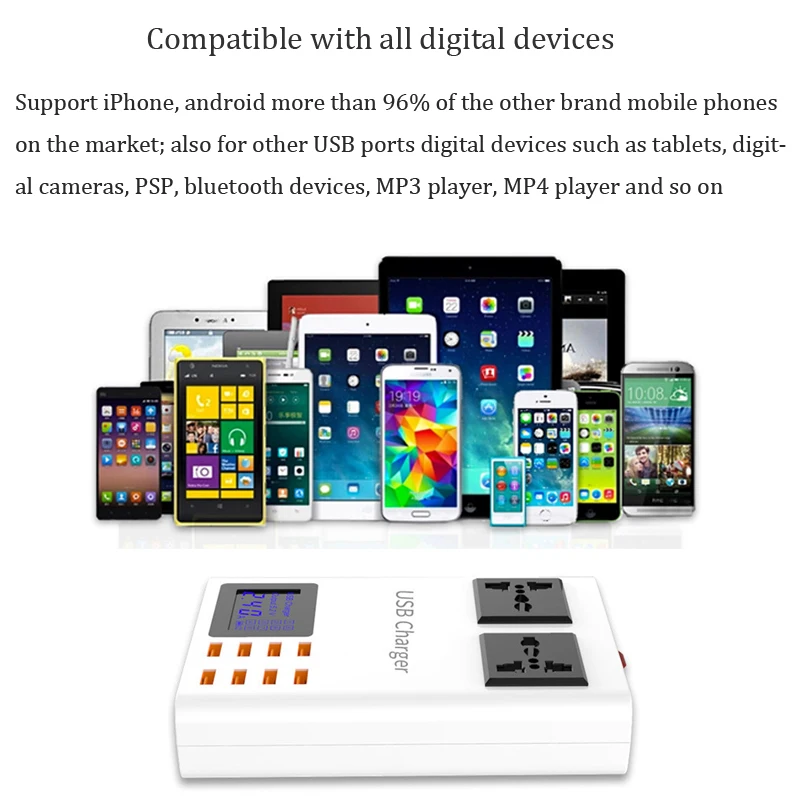 Mobile Phone Fast Charger Universal 8 USB Ports AC Socket Led Display Smart Wall Charger US EU UK Plug Desktop Power Adapter