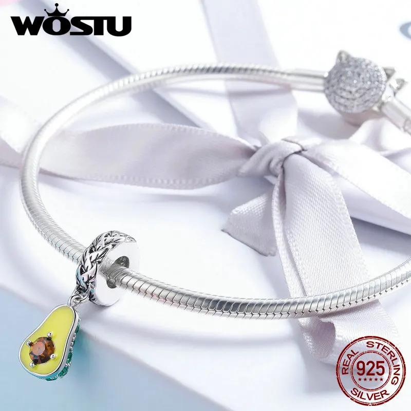 Billige WOSTU 100% 925 Sterling Silber Obst Avocado Glitter Zirkon Charms Perlen Für Frau Armband Anhänger Party Sommer Schmuck CTC014