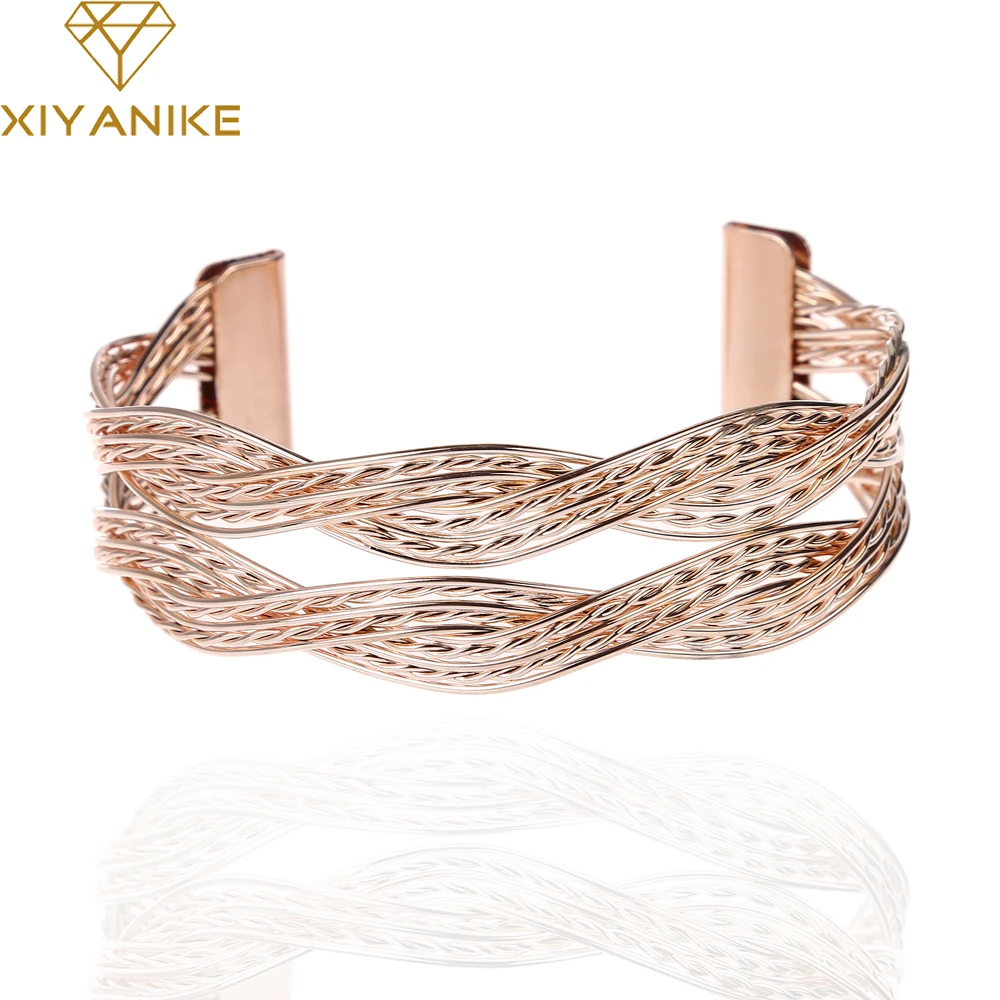 

New Fashion Alloy Knitted Twisted Metal Rattan Women Wide Bracelet Woven Women Cuff Bracelets Bangles men jewelry XY-B16