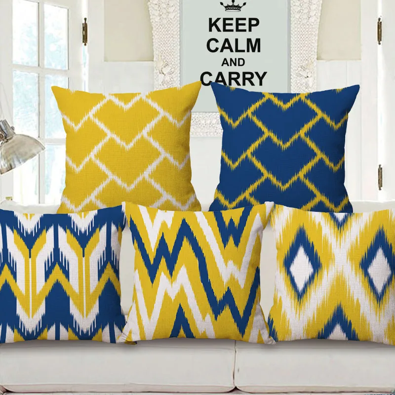 Dark Blue and Yellow Cushion Covers Watercolor Wavy Stripe Arrows