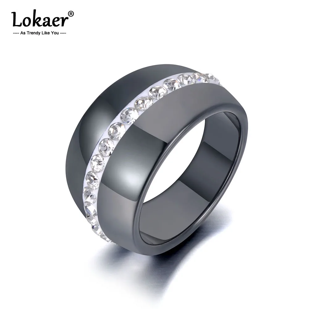 

Lokaer Bohemia Black Ceramic Crystal Party Rings Jewelry For Women Stainless Steel White Clay Rhinestone Engagement Ring R19081