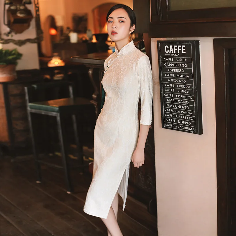 Новое поступление китайский женский кружевной элегантный подиум Qipao Печатный леди Qipao платье Cheongsam сексуальное платье одежда Размер s m l xl XXL