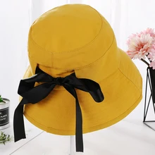 HT2228 Bucket Hats Cute Black Ribbon Bow Sun Hats Solid Plain Cotton Women Sunbonnet Panama Hats Packable Fishing Fisherman Caps