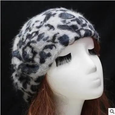 Осенне-зимний Модный женский теплый берет с леопардовым узором женские шапки Ангольские кроличьи волосы береты с козырьком SY321 - Цвет: Gray