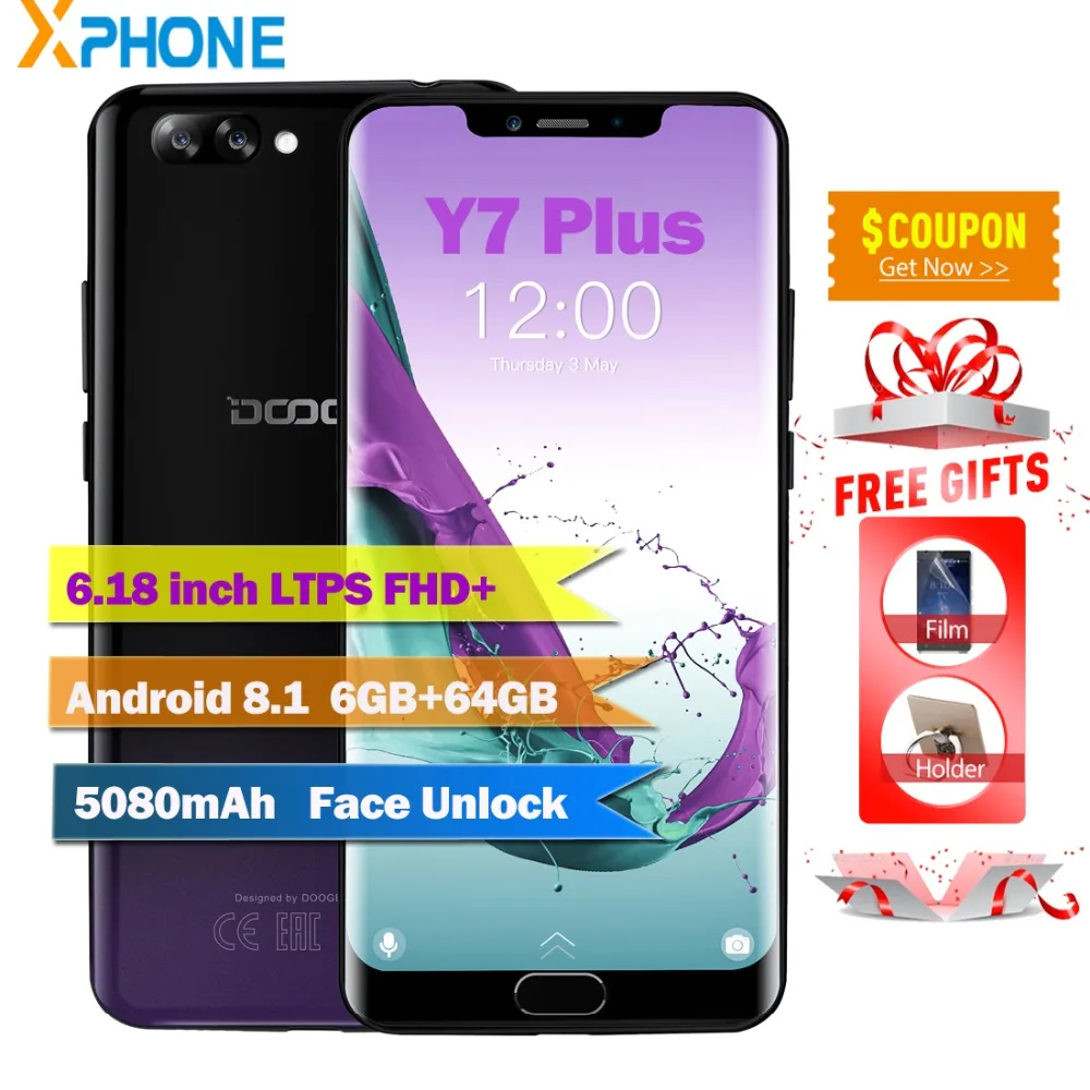 

DOOGEE Y7 Plus Phone 1080x2246 Android 8.1 MTK6757 6.18'' Octa Core 6GB 64GB 16.0MP+13.0MP 5080mAh OTG Face Unlodck Smartphone