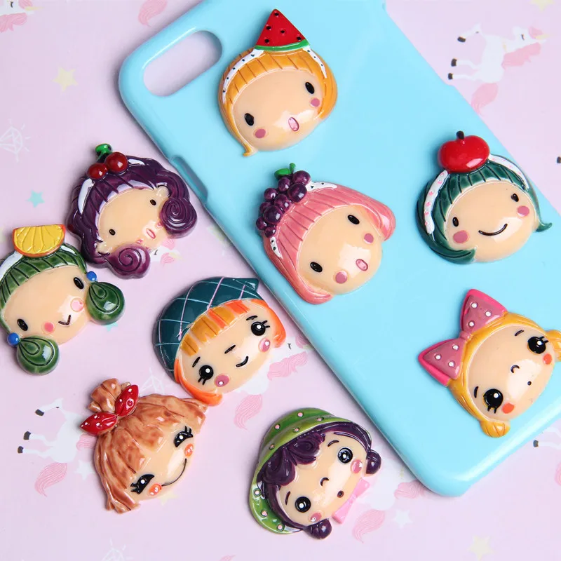 

10Pcs Cartoon Fruit Girl Flatback Resin Cabochon Phone Case Decor Kids Hair Bows Accessories DIY Embellishments for Scrapbooking