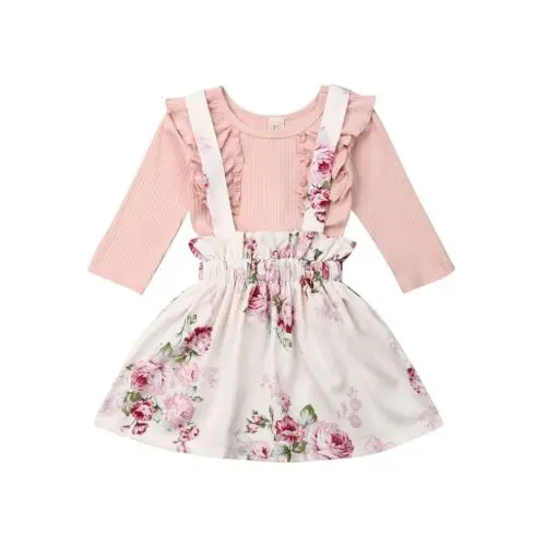 

Boutique Girl Clothes 2PCS Kids Toddler Baby Girls Ruffles Short Sleeve T Shirt Tops+ Flower Skirt Outfit Clothes
