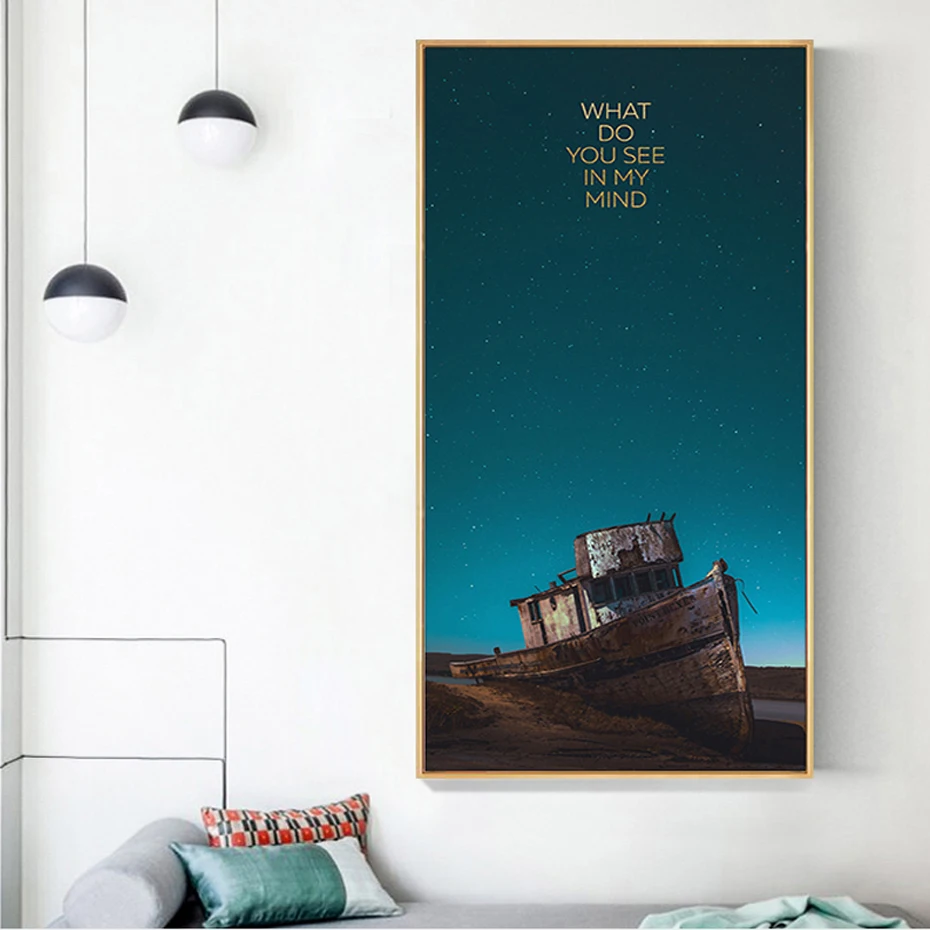 

Modern Deep Starry Sky Boat Canvas Paintings for Entrance Landscape Posters Printed Wall Art Pictures Living Room Decoration