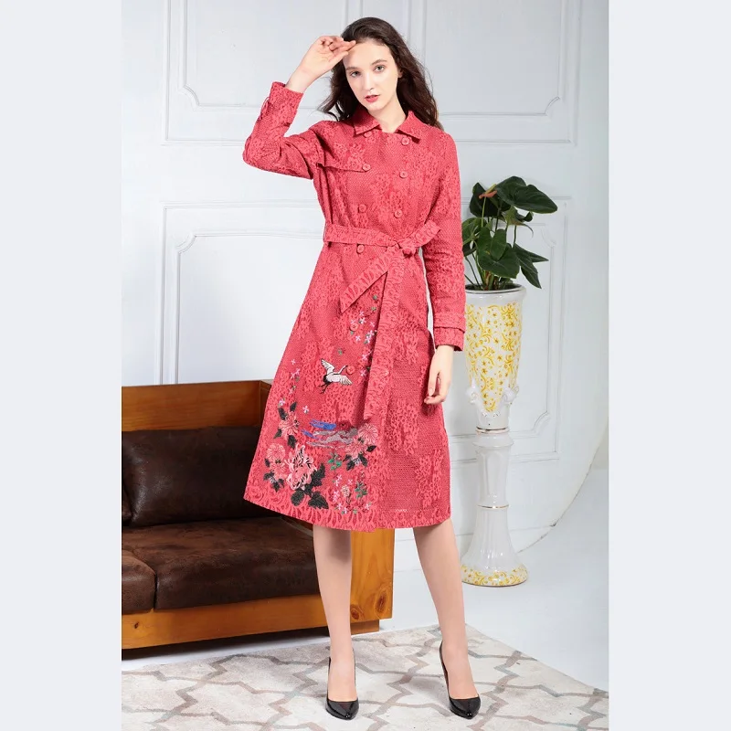 Manteau Dentelle Dark 2018 Boutonnage vent Nouveau red Mignon Hiver Ceinture Femmes Oiseaux Automne Tranchée Double Coupe Broderie Floral Avec Blue Survêtement wXnxqSg