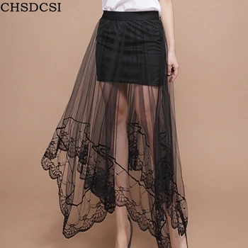 

CHSDCSI Lace Skirt Women Summer Midi Female High Waist Ladies Irregular Perspective Pleated Skirts For Women Skirt Black