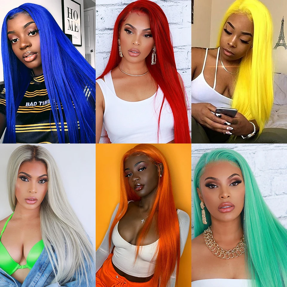 

613 Honey Blonde Color Remy Brazilian Straight Lace Front Human Hair Wig 1B 613 Blue Grey Red Ombre Frontal Wigs for Black Women