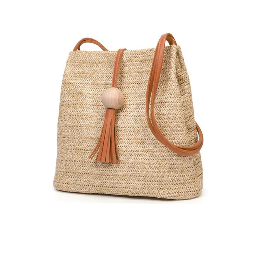 

JIARUO Summer Beach Small Women Straw Bucket Bag Top-handle Handbag Tassel Drawstring Shoulder Bags Purses panelled