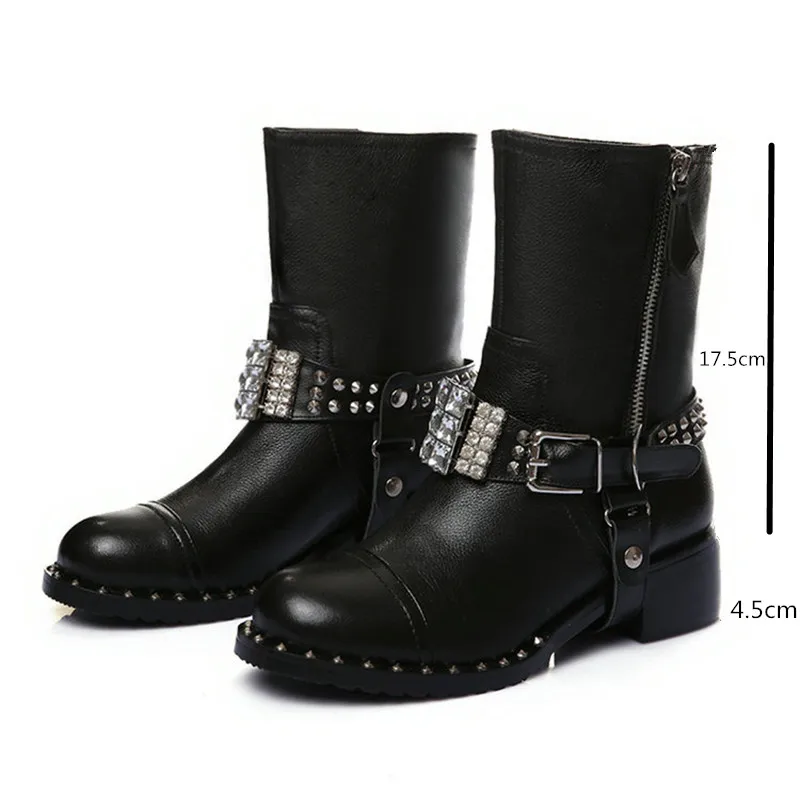 Fashion Punk Style Women's Genuine Leather Ankle Boots with Rhinestone