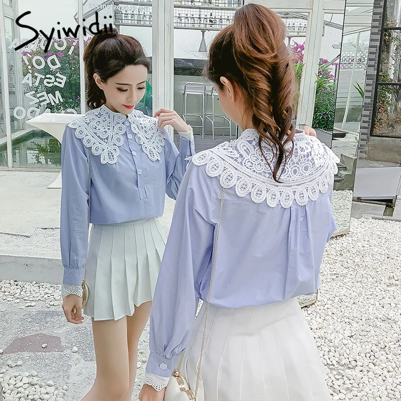 

Blue Blouses Lace Peter Pan Collar Long Sleeve Shirt New Korean Loose Casual Shirt White Cotton Blouse Women's Large Size Tops