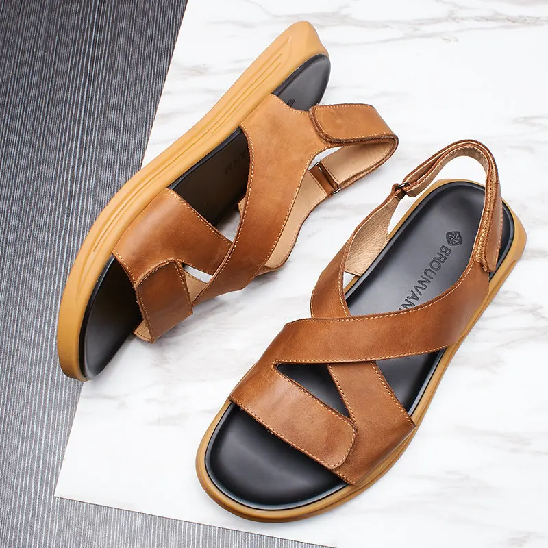 Fashion Boys Hook Loop Real Leather Hook Loop Sandals Lesiure Men Cross-Tied Summer Ankle Strap Casual Slides Shoes Fashion Boys Hook Loop Real Leather Hook Loop Sandals Lesiure Men Cross-Tied Summer Ankle Strap Casual Slides Shoes