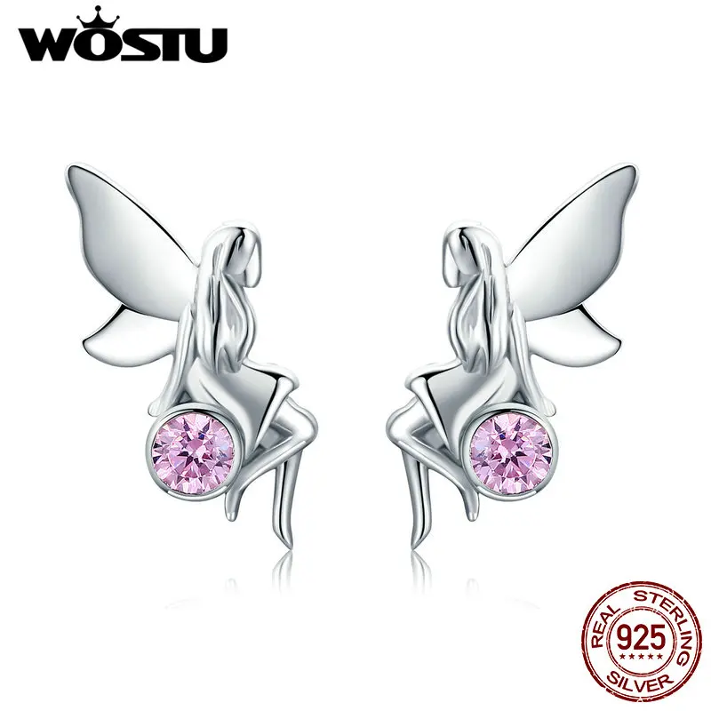 WOSTU уникальный дизайн 925 пробы Серебряный цветок фея, Розовый CZ серьги гвоздики для женщин девочек модный бренд S925 ювелирные изделия подарок CQE395