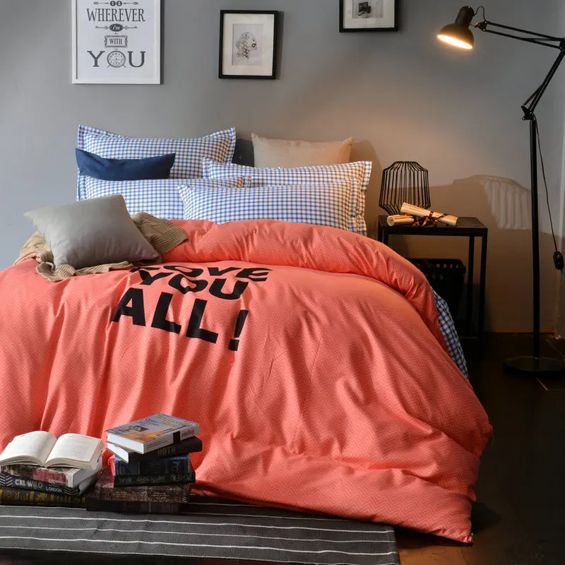 

Simple Trend Orange Solid White Lettering Pattern Bedclothes Bed Sheet Duvet Cover Sets 4Pcs Bedding Home Textile Pillowcase