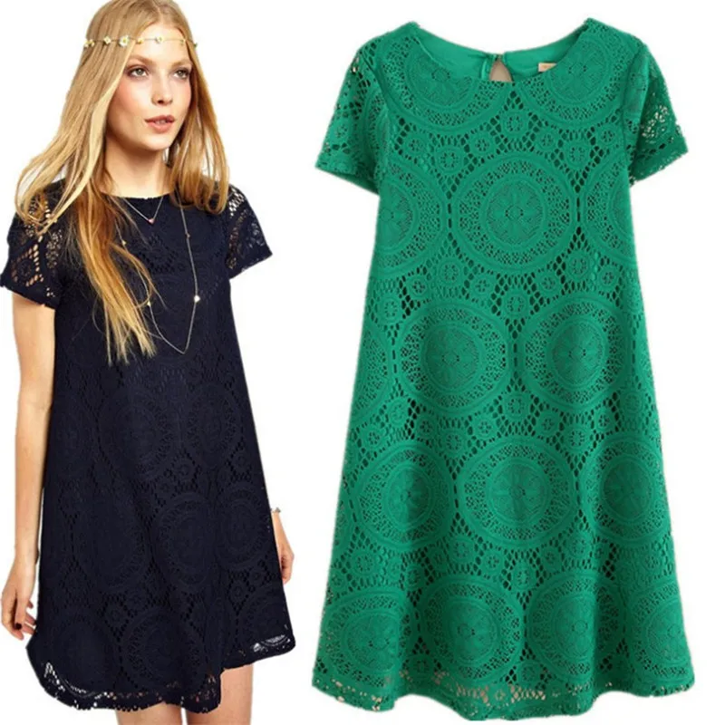 

2019 Women Lace Dress New Summer Fashion Solid Vintage A-Line Plus Size M-6XL Hollow Out O Neck Above Knee Mini Dress Elegant XL
