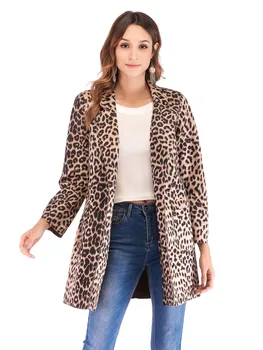 

HAMALIEL Runway Women Sexy Leopard Print Open Stitch Coat Autumn Suede Fabric Turn Down Collar Blazer Coat Casual Outerwear