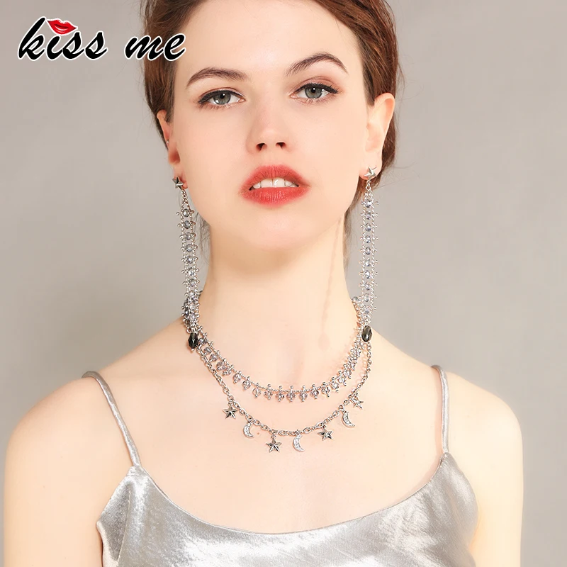 KISS ME голубые стеклянные бусины стразы звезда луна ожерелье с кулоном в корейском