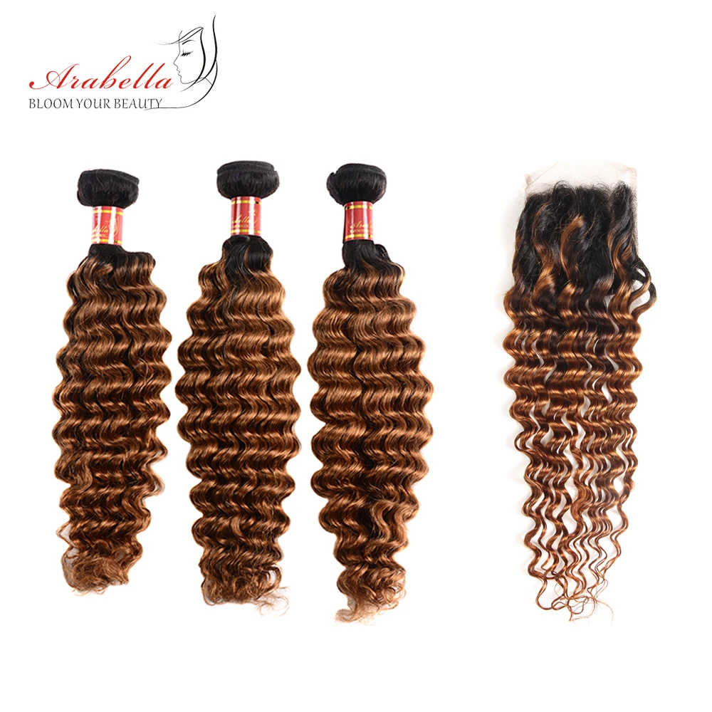 

Arabella Hair Malaysia Deep Wave Bundles With Closure 100% Remy Human T1B/30 Hair Bundles with Closure