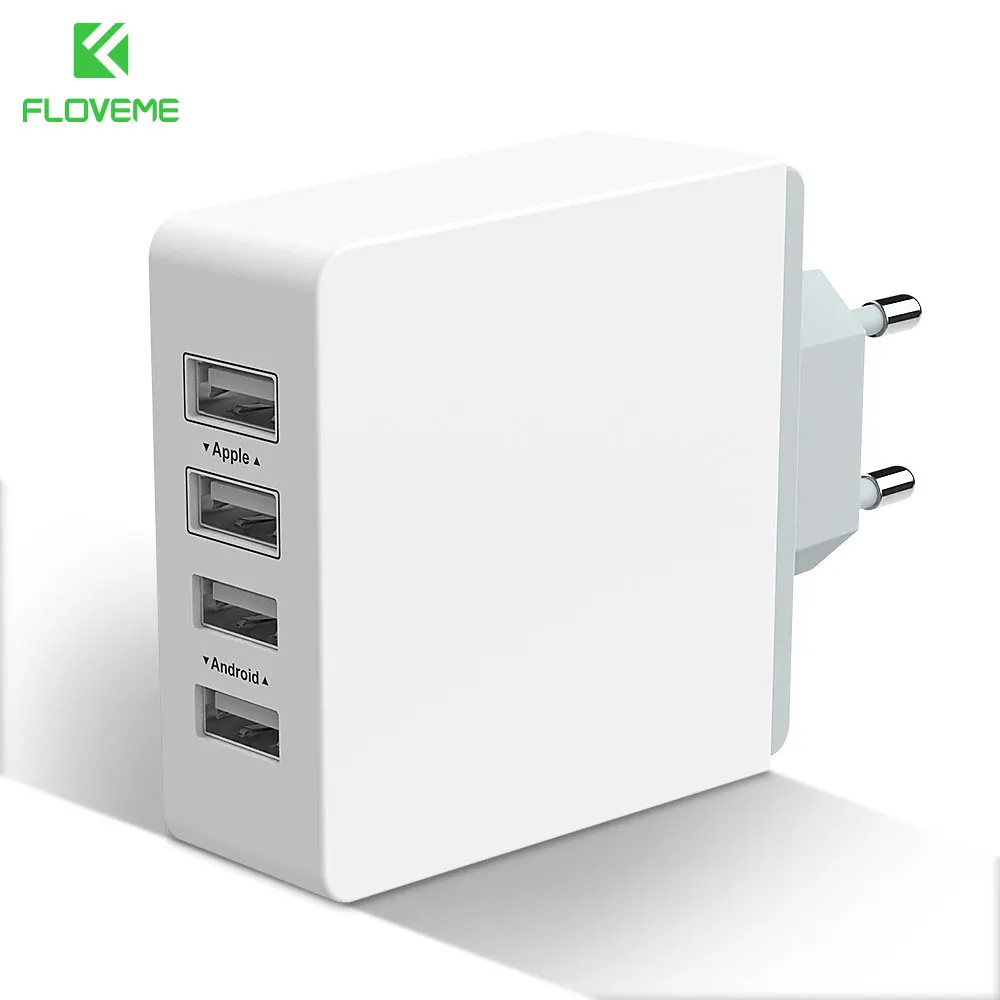 

FLOVEME 4-Port USB Phone Changer Wall Charger Plug With EU US Travel Adaptor USB Interface For iPhone iPad Samsung Android Phone