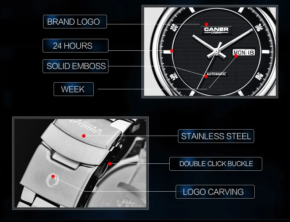 Новые автоматические деловые часы CASIMA с бриллиантовым шармом, мужские часы с календарем, водонепроницаемые 100 м, нержавеющая сталь#6806