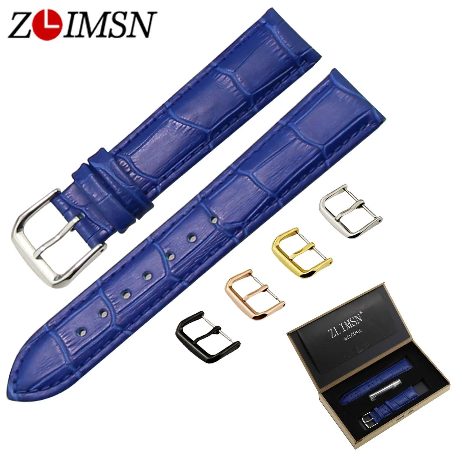 

ZLIMSN Italian Genuine Leather Watch Band Blue Crocodile & Grain Strap Gold Black Silver Rose Gold Needle Buckle12~20mm