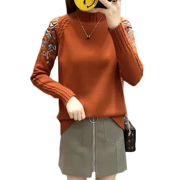 

Korean Fashion Women Sweater Autumn Winter Warm Pullovers Sweaters Womans Loose Solid Elastic embroidered Knit bottom shirt F675