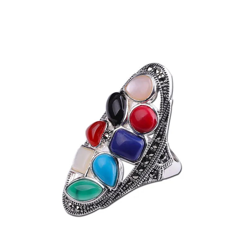 Настоящее чистое 925 пробы Серебряное кольцо для женщин, винтажное ювелирное изделие, мульти натуральный камень, регулируемое увеличенное женское большое кольцо