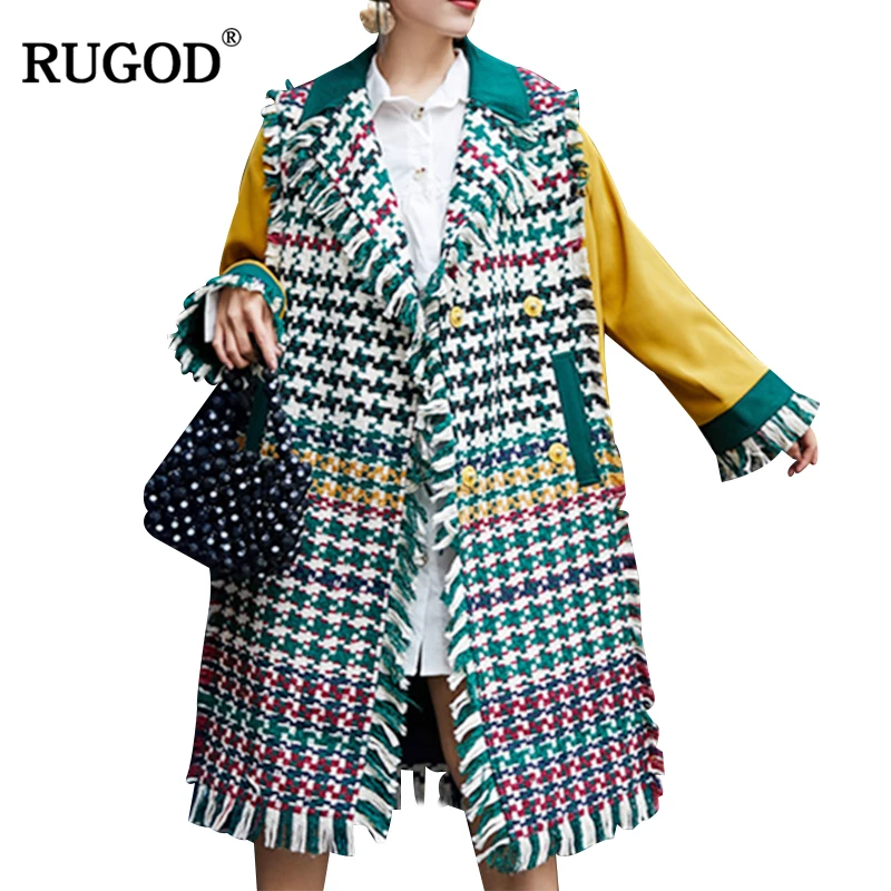 RUGOD Fashion X-Long Women Coat Patchwork England Style Wool Coat with Adjustable Waist Warm Winter Clothes manteau femme hiver