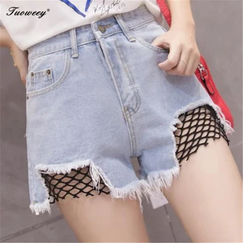 

2018 lace summer female jeans shorts sexy worn holes denim short mini shorts fashion Water wash wild women jeans bottoms