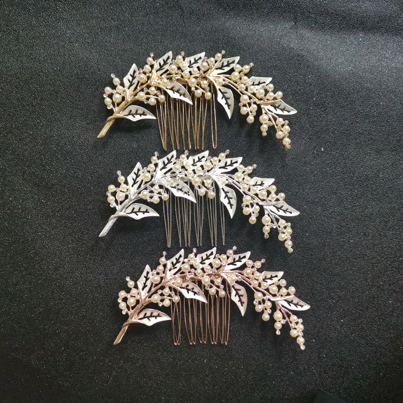 SLBRIDAL ручной работы 3 цвета Кристалл Стразы искусственный жемчуг цветок лист свадебный гребень для волос свадебные головные уборы женские ювелирные изделия