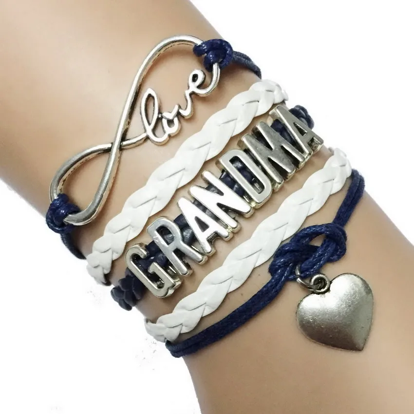 Handmade Leather Braid Cord Silver Infinity Love Grandma Bracelet Handmade Leather Braid Cord Silver Infinity Love Grandma Bracelet Charm Heart For Xmas Gift Family Birthday Mothers Day In Wrap Bracelets From Jewelry