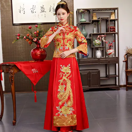 

raditional Wedding Chinese Cheongsam Woman Women Phoenix Embroidery Dress Modern Qipao Dresses Sobretudo Feminino Abiyes