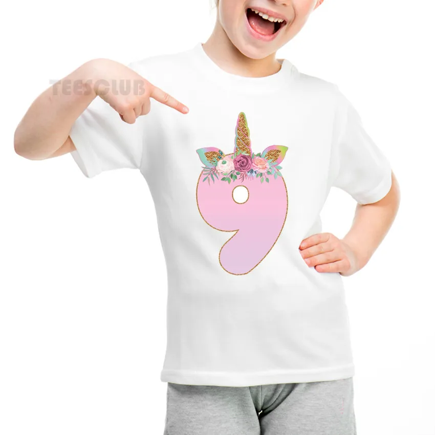Футболка для девочек и мальчиков Милая футболка для дня рождения с рисунком единорога, с цифрами от 1 до 9 милые детские летние топы, подарок на день рождения, одежда для малышей