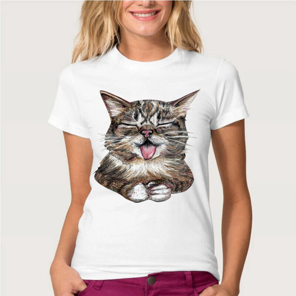 2018 new summer fashion women's short sleeve funny cat print T shirt