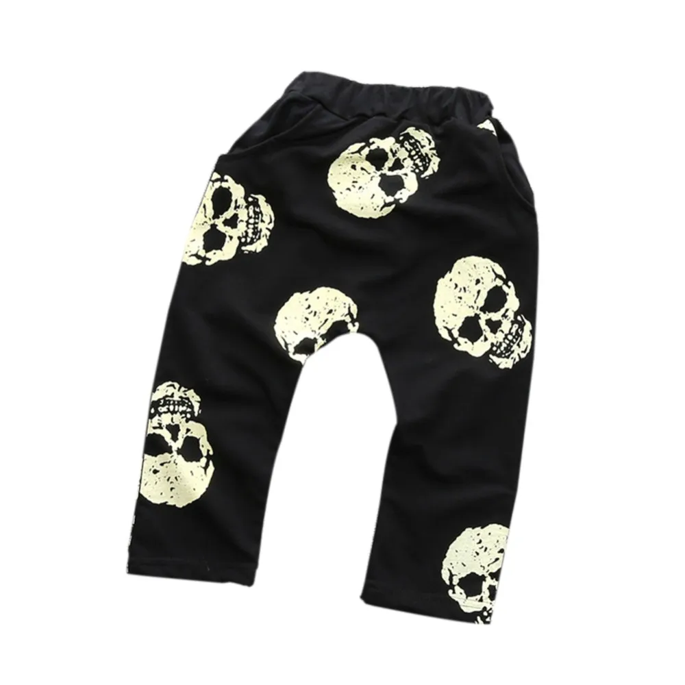 Новая брендовая одежда для маленьких мальчиков и девочек, черные штаны-шаровары с рисунком черепов для брюк Демисезонный хлопковая детская S2