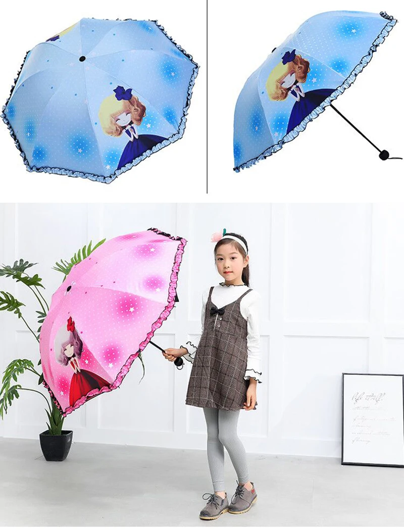 Korea cute princess children umbrella male and female primary school female folding umbrella black plastic sunscreen cartoon rain dual-use umbrella30
