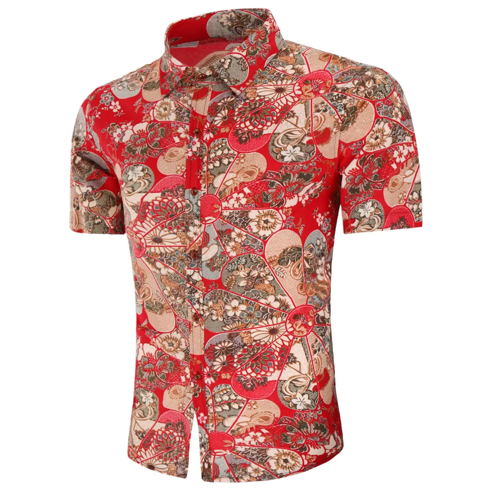 

Red Flower Blouse Men Short-sleeved Linen Shirt Men Casual Floral Mens Dress Shirts Summer