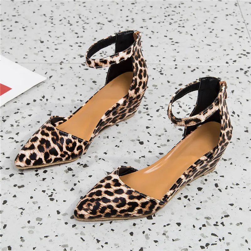 Women Wedge Ankle Strap Pumps Zipper Suede Leopard Pointed Toe Shallow Ladies Shoes Summer Plus Size Casual Sandals New Female