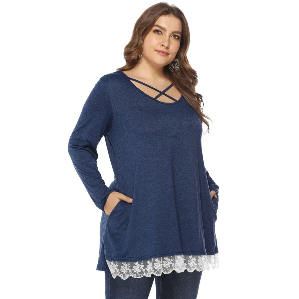 

Plus Size Women's Tops Hot Lace Pocket Long Sleeve Large Size T-Shirt Women's Casual Female T Shirts Women's Cotton Camisa Femin