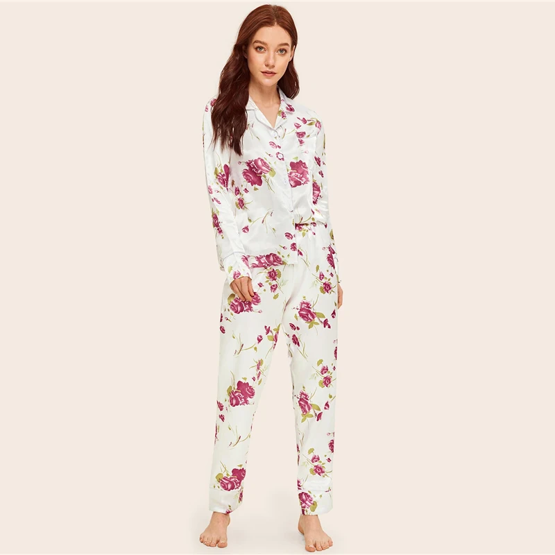SHEIN, сатиновый пижамный комплект с цветочным принтом, женская одежда, весна-осень, длинные комплекты с пуговицами, с карманами, с длинным рукавом, пижамные комплекты, одежда для сна