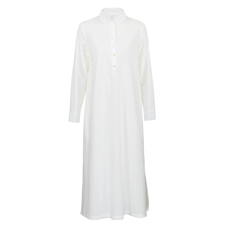 EaseHut Белый Синий Макси-футболка с длинным рукавом платье для женщин Стенд Воротник Кнопки Щелевая Повседневная длинное платье Большой Размер Осенние платья - Цвет: Белый