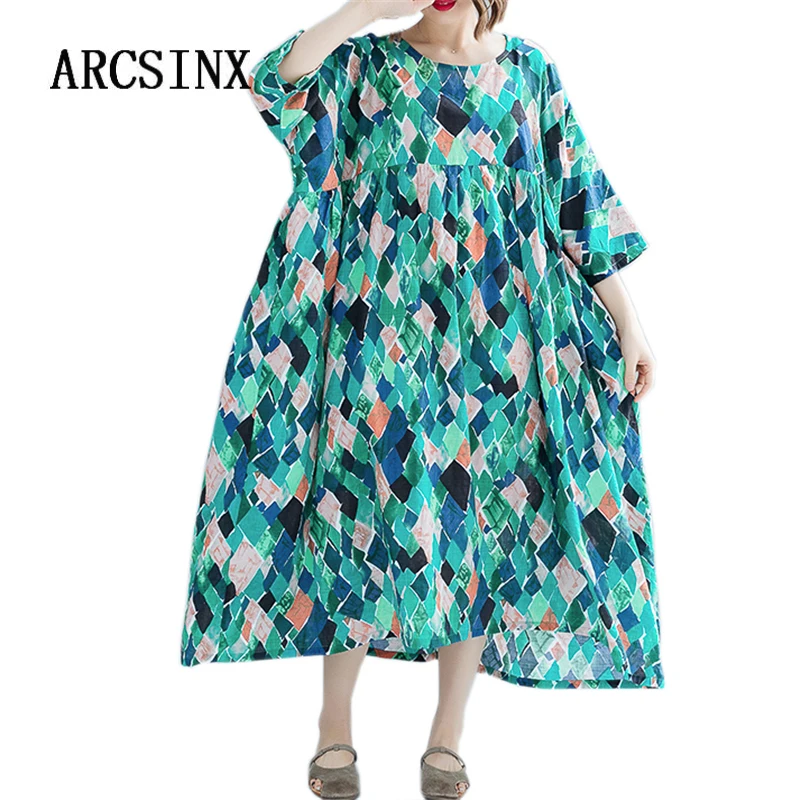 

ARCSINX Summer Dress Women Green Geometric Mori Girl Women's Dress Short Sleeve Cotton Oversized Dresses For Women 10XL 9XL 8XL