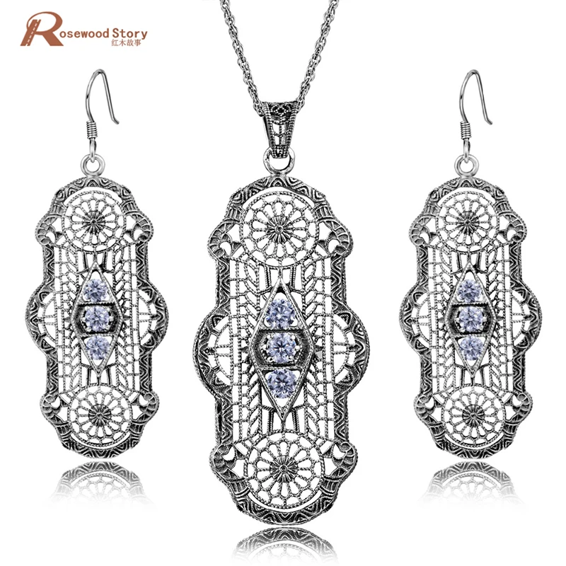 

Distinctive Hollow Out Vintage Genuine Handmade 925 Sterling Silver Jewelry Set White Zirconia Earrings Pendant Wedding Set