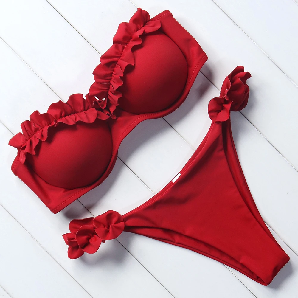 

Sexy Push Up Swimsuit Ruffled Bikini 2019 Women Bandage Swimwear Off Shoulder Bikini Set Brazilian Swim Bathing Suit Beach Wear